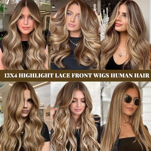 Image of Highlights Lace Front Wigs Human Hair 13x4 Ash Brown to Blonde HD Lace Front Ombre 180% Density Balayage Pre Plucked Glueless Straight No Synthetic No Shedding Triple Lifespan for White Women 16 Inch