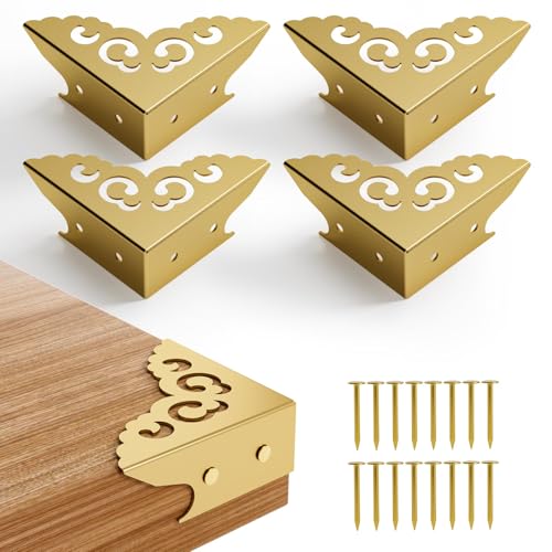 Image of 4 Pcs Corner Protectors for Furniture,Retro Style Guard Cabinet Furniture Corner Bumpers for Jewelry Box Gift Box Wooden Case Cabinet Furniture Decorative (Gold)