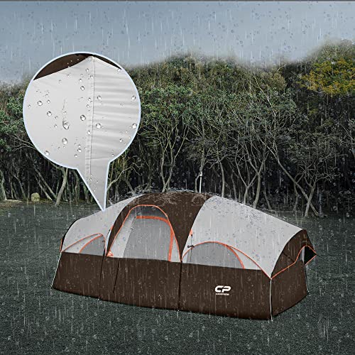 CAMPROS CP Tent 8 Person Camping Tents, Weather Resistant Family Tent, 5 Large Mesh Windows, Double Layer, Divided Curtain for Separated Room, Portable with Carry Bag - Brown