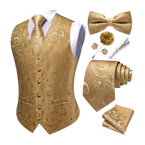 YOHOWA Gold Vest for Men Silk Tie Bowtie Set Paisley Waistcoat 8PCS