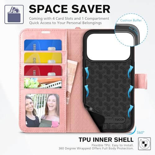 TUCCH Wallet Case for iPhone 17 Pro (6.3") 2025, Wrist Strap | 4 Card Slots | RFID Blocking | Kickstand | Shockproof TPU Shell | PU Leather | Magnetic | Protective Flip Cover | Rose Gold by TUCCH - Image 6