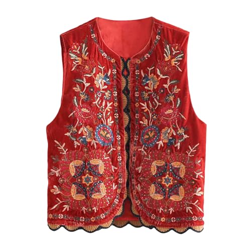 Vintage Women Embroidered Floral Vest Top Y2k Sleeveless Linen Open Front Blouse Waistcoat Boho Going Out Crop Tops