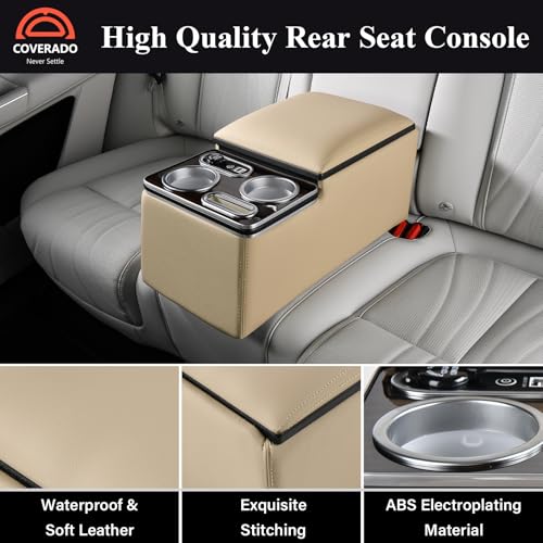 Image of Coverado Car Center Console, Universal Rear Bench Seat Consoles, Back Seat Car Organizer, Seat Organizer with Cup Holder+Phone Holder, Central Armrest Box Back Seat Storage Box (Upgraded, Beige)
