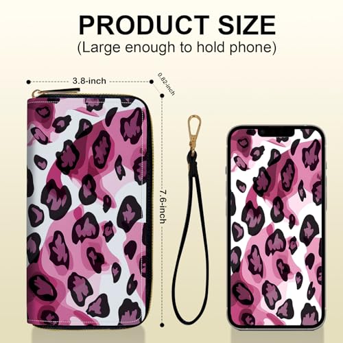 Long Wallet for Women, PU Leather Wristlet Wallets, Pink Leopard Print Credit Card Holder for Women, Convenient Travel Wallet with Wrist strap and Pink Mirror, Fashion and Sturdy Wallet.3