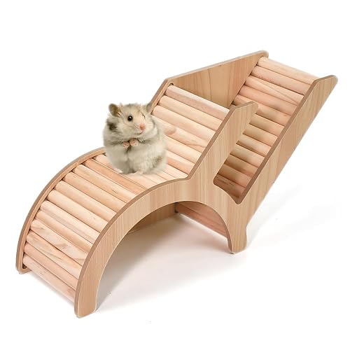 Huucozn Casa para Hamster de Madera Natural Multicámara, Casa de Madera Puente Hamster