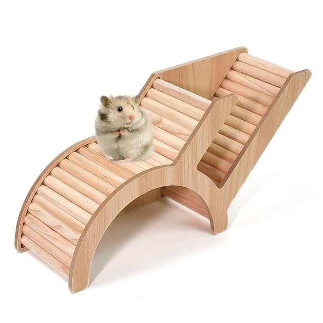 Huucozn Casa para Hamster de Madera Natural Multicámara, Casa de Madera Puente Hamster
