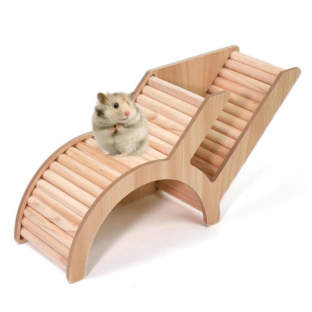 Casa para Hamster de Madera Natural Multicámara, Casa de Madera Puente Hamster, Juguete de Madera 34.5x10x15 cm para Enriquecimiento Ambiental de Hámsters, Ratones, Chinchillas y Jerbos