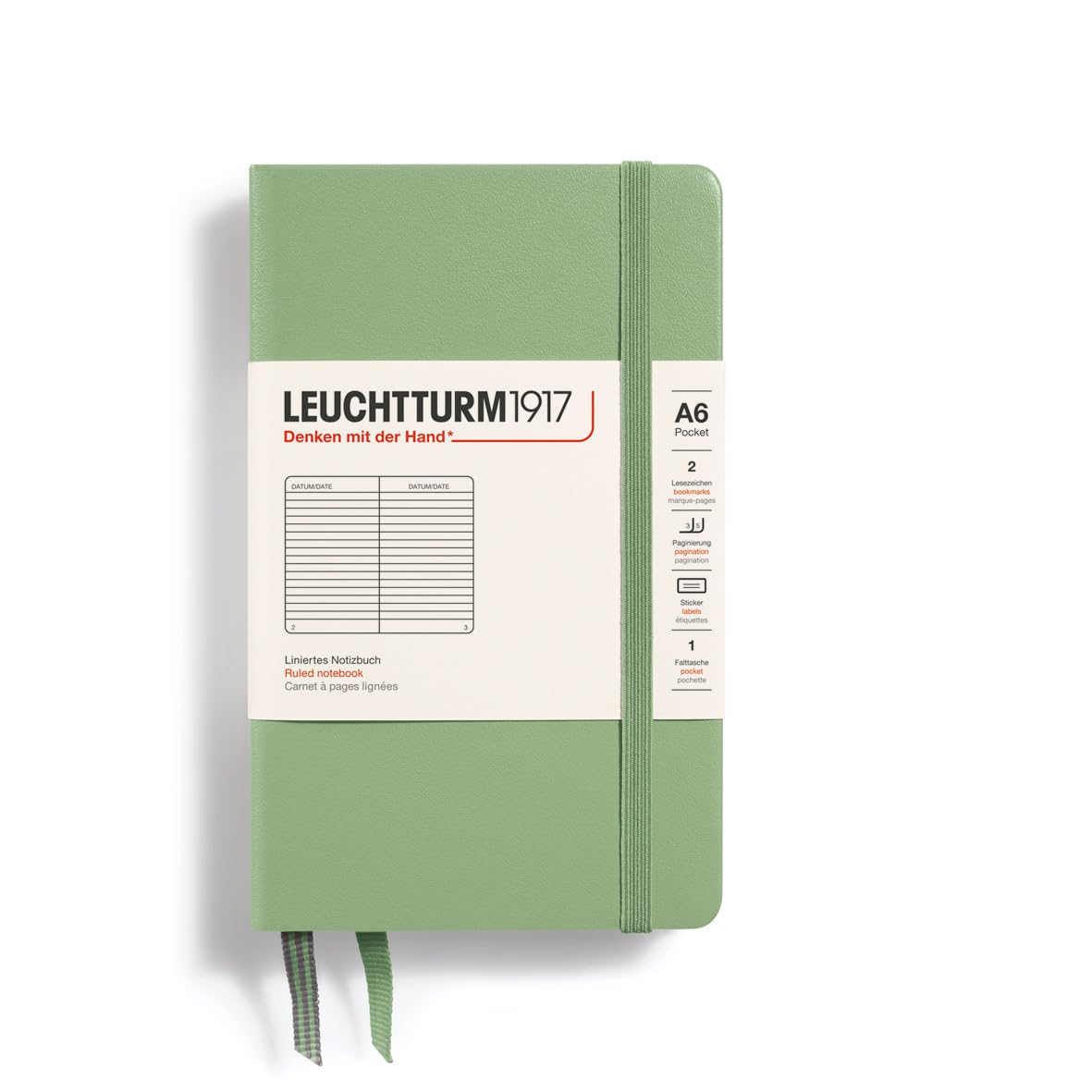 LEUCHTTURM1917 363940 Notebook Pocket (A6), Hardcover, 187 Numbered Pages, Sage, Ruled