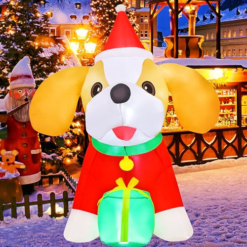 COMIN 5 FT Christmas Inflatables Dog Outdoor Decorations Blow Up Yard Gift Box with Built-in LEDs for Indoor Party Garden Lawn Decor