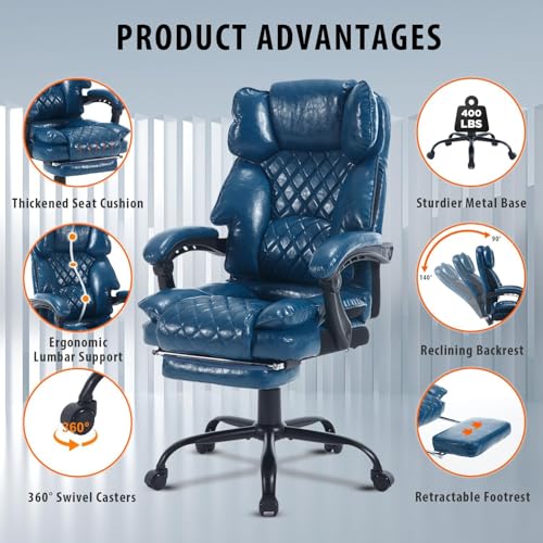 Image of Big Tall Reclining Office Chair with Footrest, 400lbs Ergonomic Recliner Office Desk Chairs with Lumbar Support, Heavy Duty High Back Vintage Leather Executive Computer Chair with Wheels, Blue