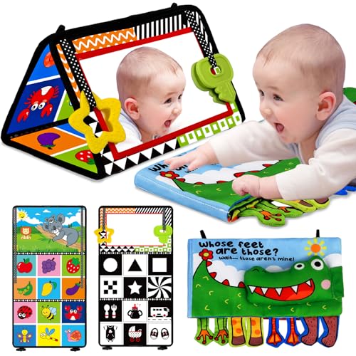 Image of Tummy Time Baby Mirror Toys - Infant Toy Newborn 0 3 Months Brain Development with Soft Activity Book Teether - Black and White High Contrast Baby Toys 2 4 5 0-6 Babies Boy Girl Sensory Shower Gifts