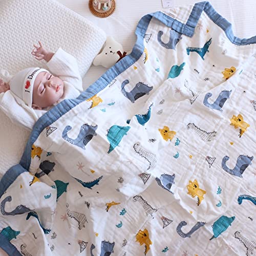 Muslin Baby Blanket Quilt - Soft Cotton 6 Layers Infant Bath Towel For Boys, Newborn Nursery & Toddler Blankets 43X43 Inches(Blue Dinosaur) #TOP3