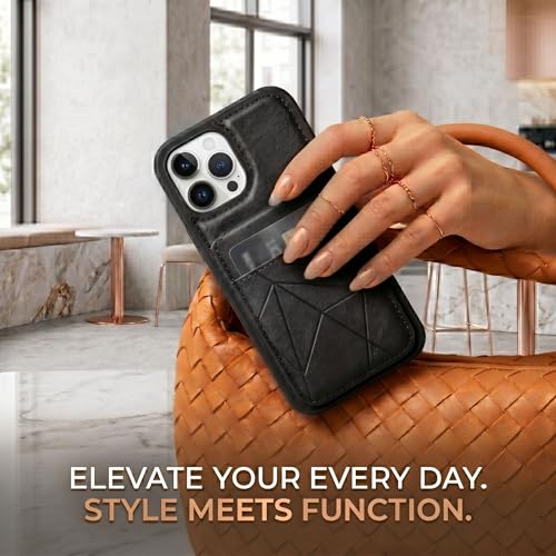 Image of amazon basics Premium Vegan Leather Back Cover with Card Holder and Integrated Mobile Stand for iPhone 16 Pro Max - Slim Shockproof Wallet Case with Geometric Stitching [Black]