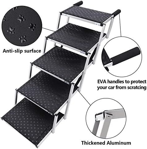 5 Steps Pet Stairs Ramp For Cars Trucks SUVs, Foldable Steps for Medium and Large Dog, Lightweight Portable Dog Ramp with Waterproof Surface,Non-slip, Support Height 23-25 inches