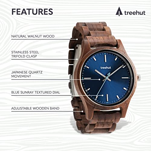Treehut Wooden Watch For Men With Tri-Fold Stainless Steel Clasp & Silver Hands – Japanese Quartz Analog Watch With Gift Box – Wrist Watch Made From Brown Walnut Wood Great Gifts For Men #TOP2