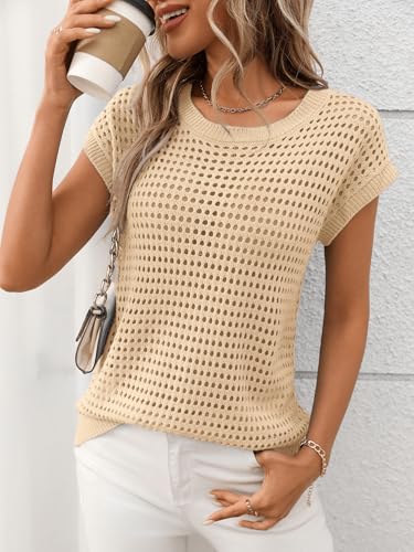 Image of Womens Crochet Cap Sleeve Sweater Summer Crew Neck Casual Hollow Out Knit Tops Pullover Trendy Beach Cover Ups Outfits