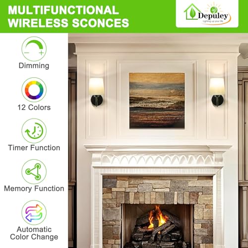 Image of Depuley Wall Sconces Battery Operated: Set of 2 Wireless Wall Lights with Remote for Bedroom - Rechargeable 15 Colors Black Wall Lamp for Living Room Hallway Home Decor