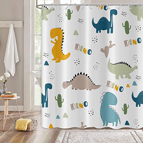 Kinder-Dinosaurier-Badezimmer-Duschvorhang, niedlicher Cartoon-Dino, wasserdicht, Badvorhänge, Jungen, Mädchen, schöne Tiere, Duschvorhang mit Haken 71"x79" Cover