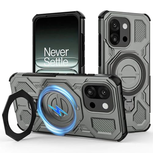 Image of KARWAN Tough Shockproof Armor Back Case Cover Compatible with Oneplus 13T with 360 Degree Rotation Magnetic Attraction Ring, Holder Heavy Duty Cover with MagEaze Wireless Charging (Grey)