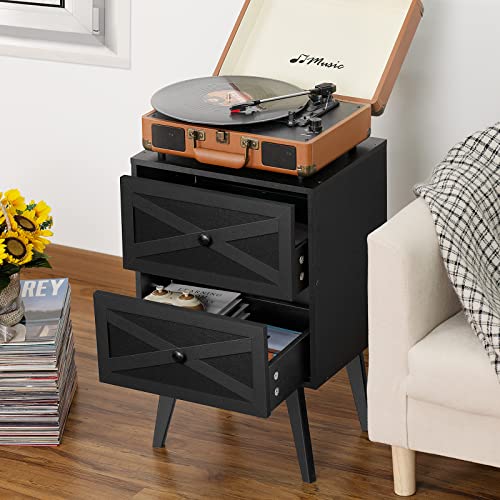 Lerliuo Mid-Centry Modern Nightstand With 2 Stroage Drawers, Farmhouse End Table With Barn Door, Bedside Table, Rustic Wood Sofa Side Table, Black Nightstands For Bedroom, Living Room, Dorm #TOP3