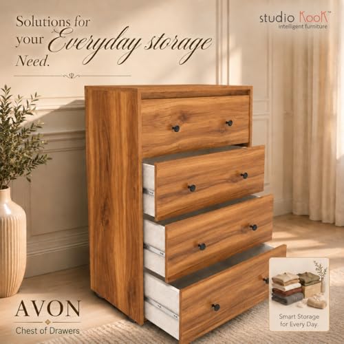 Image of Studio Kook Avon Engineered Wood Chest of Drawers, 4 Drawers (Matte Finish) (Amber Walnut)