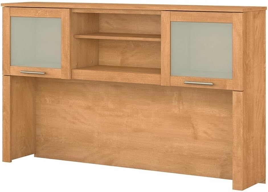 Pemberly Row 60W Hutch for L Desk, Maple Cross Finish, Engineered Wood, Lift-Up Frosted Glass Doors, Adjustable Shelf, Large Open Compartment, Home Office Storage and Display