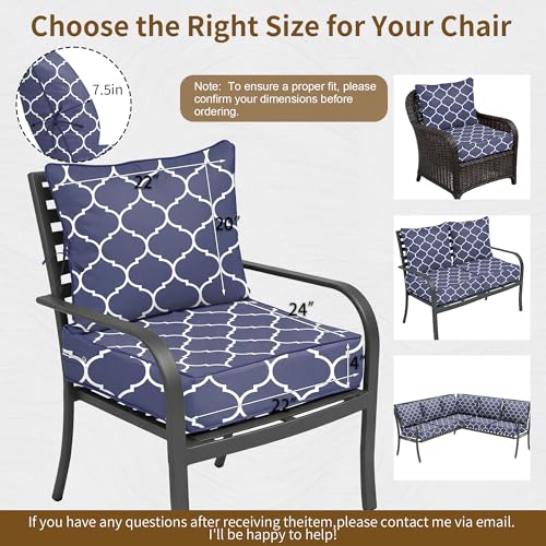 Image of 22x24 Outdoor Chair Cushions Set of 2, Waterproof Deep Seat Cushions for Patio Furniture with Removable Cover, Fade Resistant 4'' Outdoor Seat Cushion w / Ties Handle for Wicker Sofa Couch,Navy Print