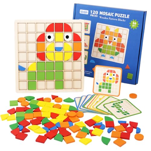 ENIKMOSD Mosaik Holzpuzzle,120PCS Form Holz Kinder Puzzle,Holz Mosaik Spiel,Geometrische Formen Puzzle Bausteine Montessori Spielzeug Lernspielzeug Für Kinder Mädchen und Jungen ab 3 Jahre