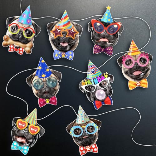 Image of Pug Birthday Garland - Photographic Pug Faces Birthday Banner, Funny Pug Bday Party Decoration for Pug Lovers, Pre-Strung & Ready to Hang, Reusable Pug Party Decor
