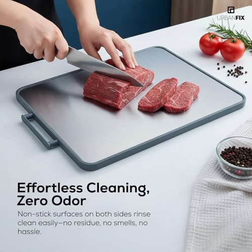 Image of 2-in-1 Chopping Board for Kitchen | Stainless Steel & Bamboo Cutting Board | Hygienic Dual-Sided Board for Meat, Vegetables & Fruits | Rust-Proof, Easy to Clean (41 x 31cm)