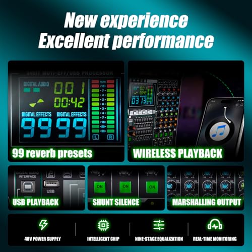 Yamnweo MD14 14-Kanal-Bühnenmixer, 99 DSP-Effekte, großer LED-Display-Mixer, USB-Wiedergabe, Bluetooth mp3 DJ-Konsole, eingebaute 48V-Stromversorgung, 9-Segment-Smart-Noise-Reducing-Mixer