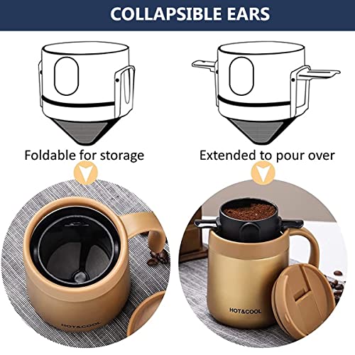 Image of Verilux Filter Coffee Maker With Bottom Cup Double Mesh Pour Over Coffee Filter Food Grade Stainless Steel & Plastic Coffee Dripper 100% Paperless Foldable