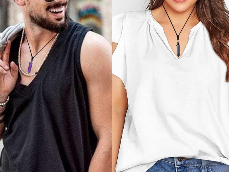 Miniatura 5 de Tegembur Juego de 3 collares de cristal curativo para hombres y mujeres amatista natural obsidiana negra con dije de piedra hexagonal cuerda