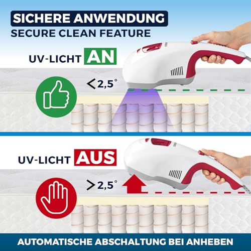 CLEANmaxx Milbensauger | Effektive Allergenbekämpfung und Sterilisation in einem durch UV-C-Licht und Feinstaubfilter | Chemiefrei und sicher für Bett, Matratze etc. | Waschbarer Feinstaubfilter
