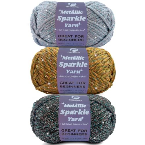 Image of Metallic Sparkle Yarn for Crochet and Knitting with Easy-to-See Stitches, Worsted Weight Medium #4, Beginners Yarn for Amigurumi, Bags, Home Decor (Forest+Ochre+Marble, 3 Pack)