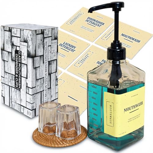 eBun Black Mouthwash Dispenser Set, 37oz Glass Bottle with Pump & Cups by eBun - Used condition - US$30.36