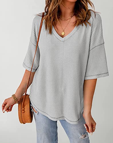 Merokeety Womens Half Sleeve V Neck Tops Waffle Drop Shoulder Batwing Pullover Blouse Tops Lightgrey #TOP6