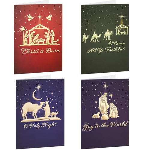 Thboxes Christmas Cards with Envelopes and Stickers, 24 Pack Religious Christmas Cards, 4 Religious Designs Gold Foil Embossed Greeting Card for Xmas