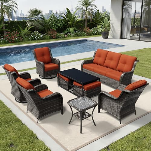 Image of Joyside 9 Piece Wicker Patio Furniture Set, Outdoor Swivel Rocker Patio Chairs with High Back, Deep Seating, Wide Armrest, Thickened Cushions, Outdoor Furniture for Deck, Porch Use