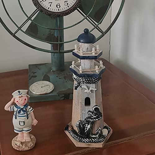 Wooden Lighthouse Decor, 10.25Inch Decorative Nautical Lighthouse Rustic Ocean Sea Beach Themed Lighthouse Decoration, Handcrafted Tabletop Nautical Themed Home Decor Bathroom Decor(Seabird & Anchor) #TOP1