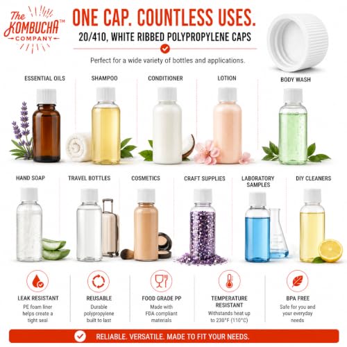 20mm - 20/410 White Ribbed Bottle Caps with Foam Liner – Polypropylene Continuous Thread Closures for Glass & Plastic Bottles, FDA Compliant (12 Pack) - The Kombucha Company by The Kombucha Company - Used condition - Image 4