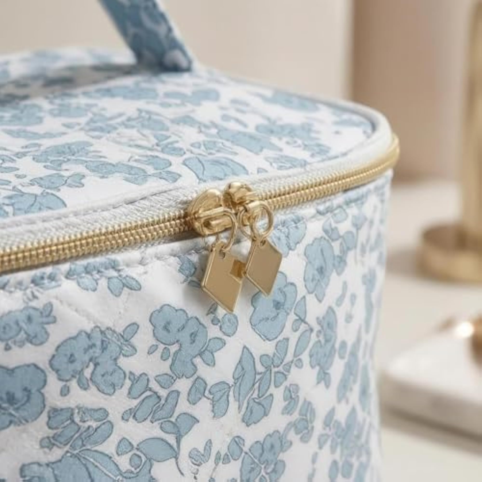 Zip-Around Double-Layer Makeup Bag, Quilted Cosmetic Organizer