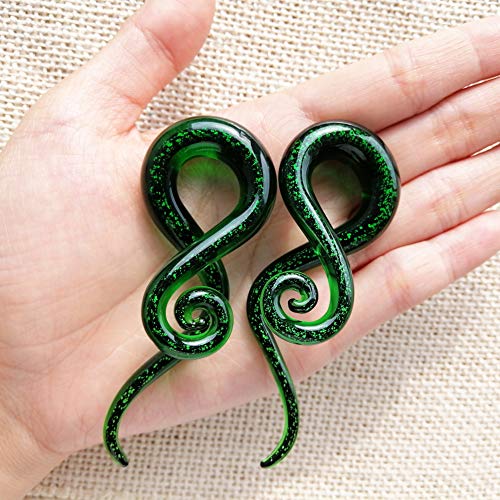 YOFANST Ear Stretching Glass Spiral Tapers Piercing Jewelry Ear Gauges 2pcs Green Glitter, 2g(6mm)