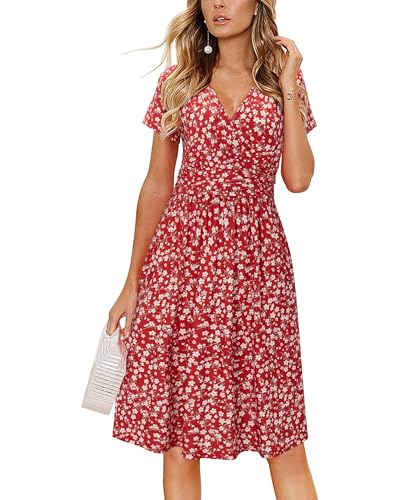 CLOUSPO Femme Robe d’été à Manche Courte avec Poche en Col V Mi-Longue Plissé Chic Élégant Imprimé Décontracté de Plage Rouge/Fleur M