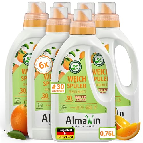 AlmaWin® Weichspüler mit Orangenblüten-Duft [6x 750ml - 180 Ladungen] für kuschelweiche Wäsche - Veganer Weichspüler Bio kombinierbar mit allen Waschmitteln - Flüssiger Weichspüler Öko Softener