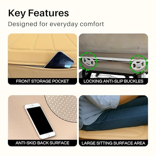 Image of Padded Car Seat Covers Full Set with Storage Organizer, Anti Slip Car Seat Cushions Protector Mat Set, Breathable Leather Pillow Cover for Cars, Accessories for Driver, Passenger & Rear Seats (Beige)