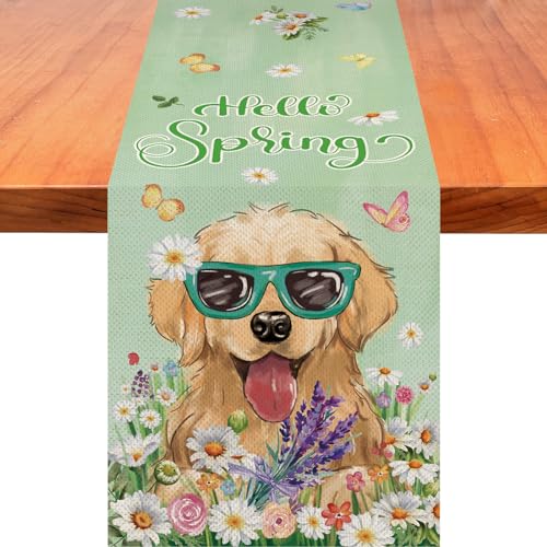 YOVOYOA Golden Retriever Spring Table Runner 72 Inches Long, Seasonal Spring Dog Floral Table Runners, Hello Spring Cute Puppy Holiday Burlap Kitchen Dining Table Decor for Farmhouse Home Party