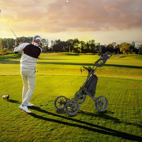 DRUIDS 4 Wheels Golf Pull Cart : Upright Golf Push Cart, Light Golf Roller Cart with Brake, Quick Fold Self Push Hand Cart Golf with Cup, Umbrella Holder, Cooler - Image 3