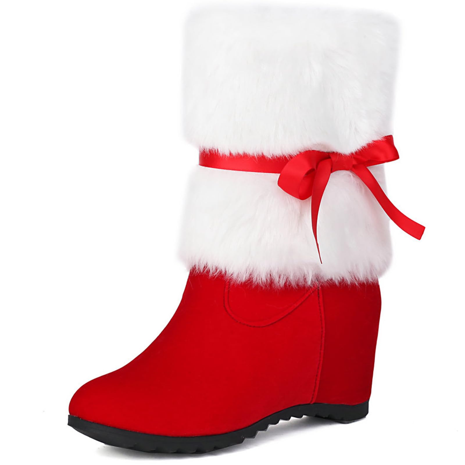 Womens Winter Wedge Furry Christmas Red Ankle Boots Fashion Suede Bow Round Toe Internal Height Increase Santa Claus