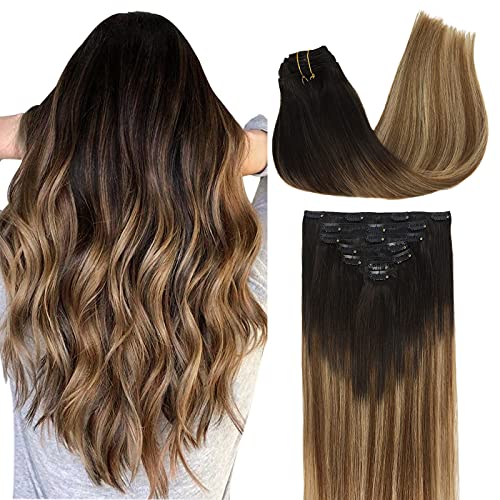 DOORES 120g Clip in Human Hair Extensions Balayage Dark Brown Fading to Chestnut Brown and Dirty Blonde Remy Natural Hair Extensions Clip in Straight 7pcs 20 Inch